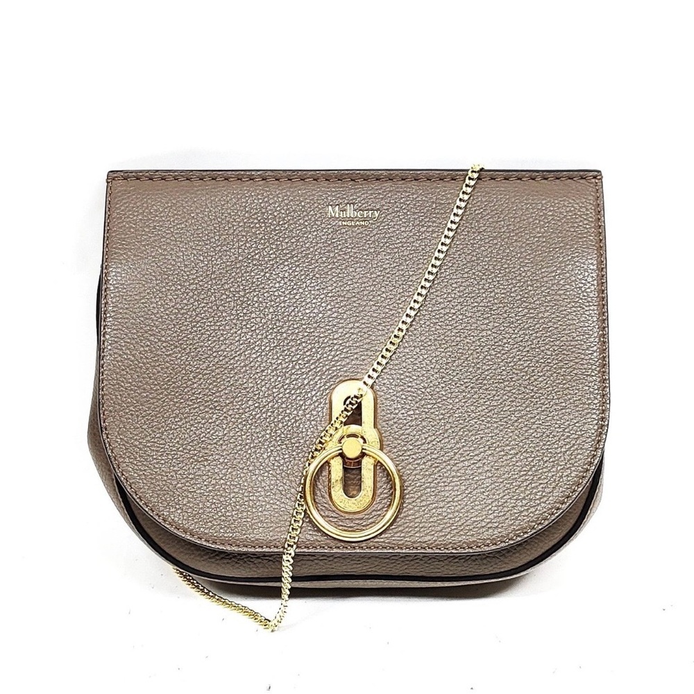 Mulberry Amberley Small Chain Crossbody Clutch Taupe Pebbled Leather Gold